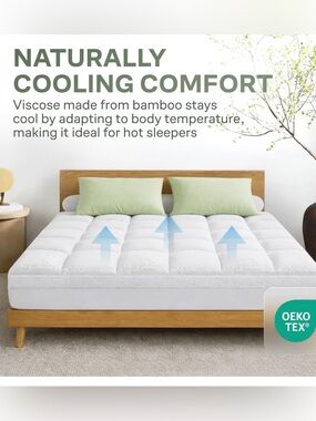 KING size - Cooling White Bamboo-Blend Mattress Topper – Breathable Comfort